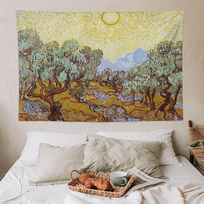 Van Gogh Olive Trees Tapestry Wall Hanging, Vintage Art Wall Decor for Bedroom, Dorm, Living Room, Aesthetic Polyester Tapestry with Hanging Accessories, 60x90 Inch
