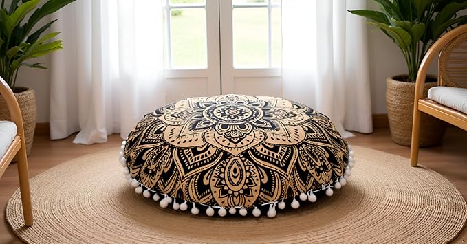 CRAFT KALA 22" Bohemian Floor Pillow Pouf Cover Mandala Boho Large Round Meditation Room Pillow Covers for Adults Seating Poufs Cushion Cover for Kids Playroom Black Gold Flower