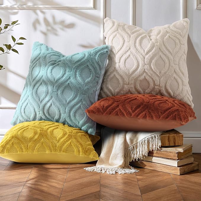 decorUhome Cozy Textured Euro Sham Throw Pillow Covers 22x22 Inch Set of 2, Soft Plush Faux Wool Beige Accent Couch Pillow Covers for Modern Farmhouse Sofa Bed Living Room