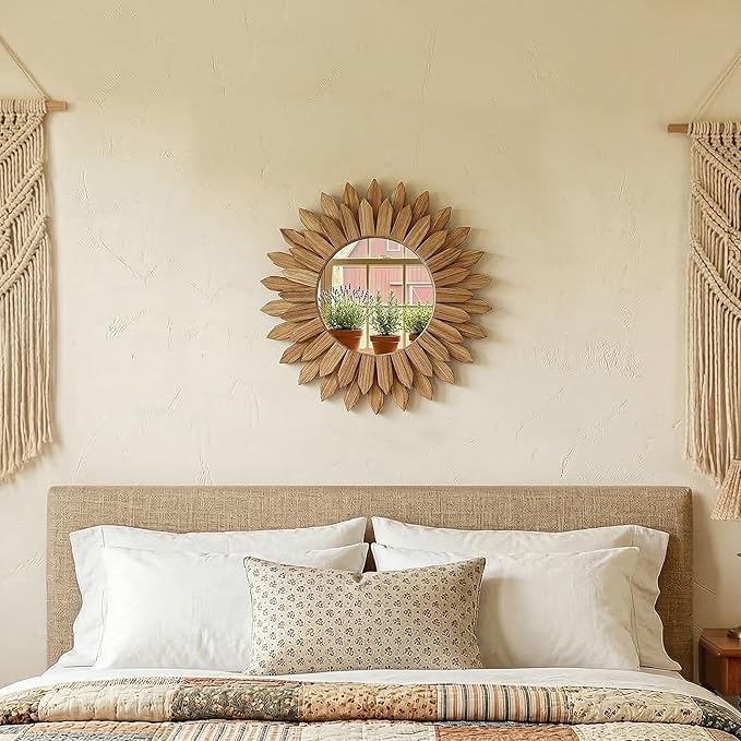20 Inch Brown Boho Wall Decor Sunburst Mirror - Round Wooden Wall Decor, Handmade Rustic Circular Mirror for Living Room, Bedroom, Entryway, Office