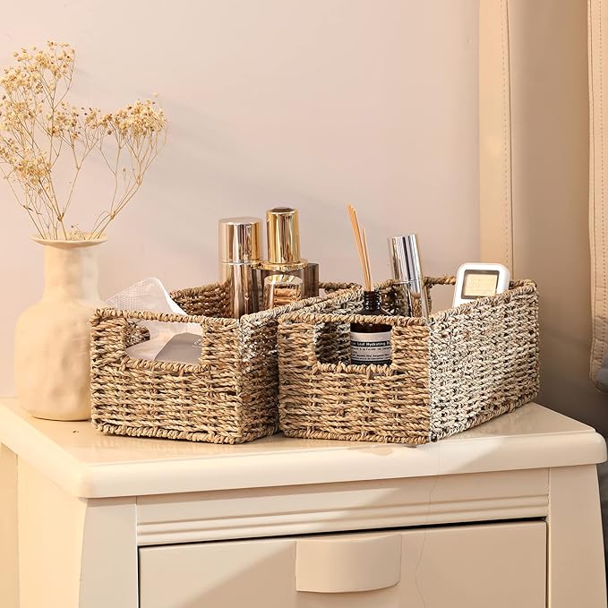 Vagusicc Wicker Storage Basket, Set of 2 Hand-Woven Storage Baskets for Organizing, Small Wicker Basket for Toilet Paper, Foldable Large Cube Storage Organizer Basket Bins for Shelves (Sea Grass)