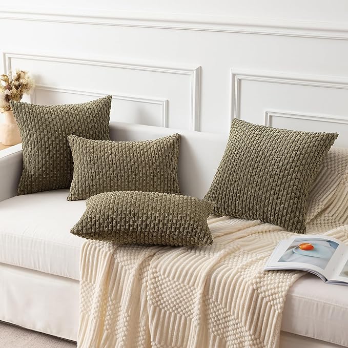 Kevin Textile 12x24 Inch Pillow Cover 1 Pack Boho Decorative Soft Striped Corduroy Lumbar Farmhouse Color Accent Rectangle Cushion Case for Living Room Couch Sofa Bed, Olive Green