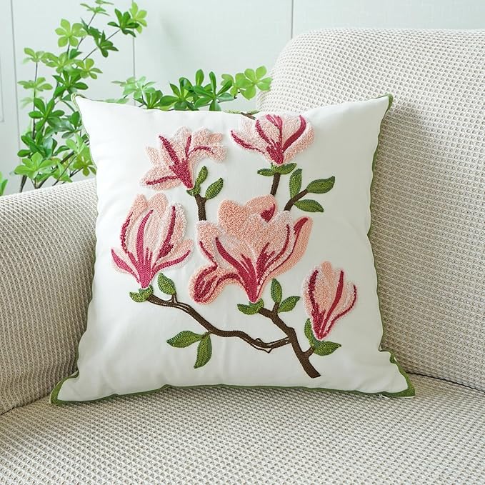 vctops Farmhouse Magnolia Flower Cotton Tufted Throw Pillow Cover Spring Floral Embroidery Pillowcase Soft Square Cushion Case for Sofa Couch Bed Chair (Pink E,18"x18")