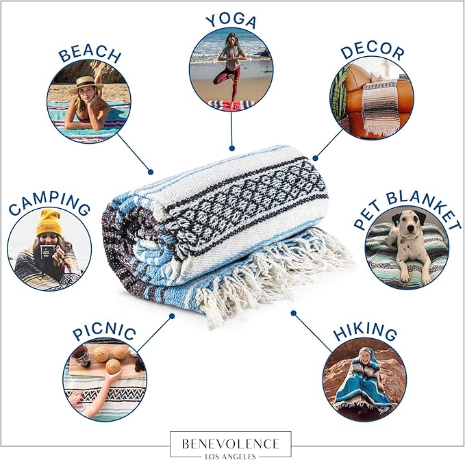Benevolence LA Authentic Handwoven Mexican Blanket | Yoga Blankets, Outdoor, Picnic, Beach, Camping | Equestrian Saddle | Serape 50x70 inches - Sky Blue, Pack of 1