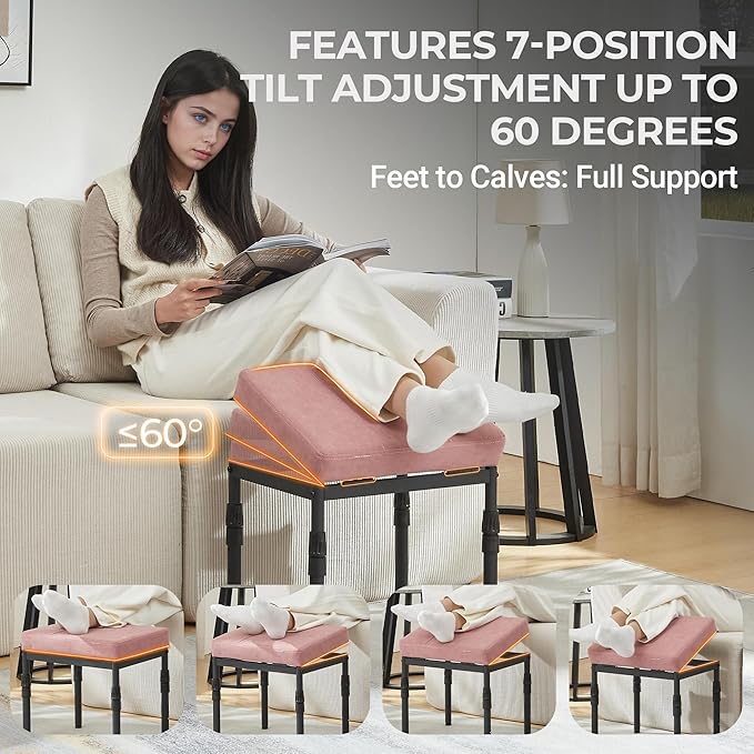 Adjustable Ottoman Pouf, 4 Height Position & 60 Degree Tilt Angle Faux Suede Ottomans Foot Stools Rest Footrest Stool Pouffe FootStool for Under Desk for Living Room Home Office(Pink Faux Suede)
