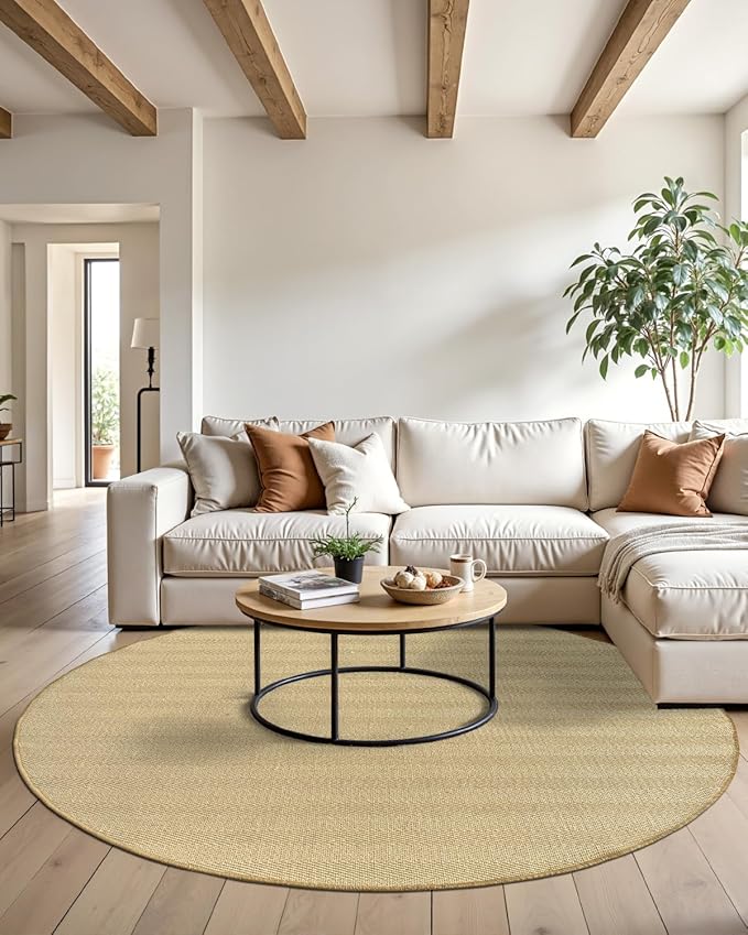 DEXI Round Sisal Rug Natural Fiber 4x4, Braided Woven Area Rugs No Shed, Soft Neutral Rustic Carpet Mat for Indoor Outdoor Patio Dining Living Room Bedroom Farmhouse, 4ft, Natural