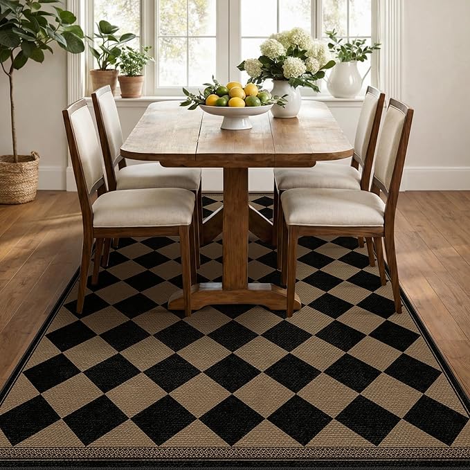 Boho Checkered Easy Jute Indoor Outdoor Rugs for Dining Room Living Room Patio 5x7, Non Skid Washable Checkered Outdoor Rug, Farmhouse Geometric Carpet for Bedroom, Backyard, Brown Diamond Décor