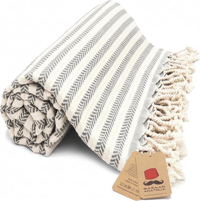Bazaar Anatolia Turkish Beach Towel – 100% Cotton, Quick Dry, Sand Free Large Towel for Bathroom and Camping – Oversized 71x39 Inches – Arpa Grey