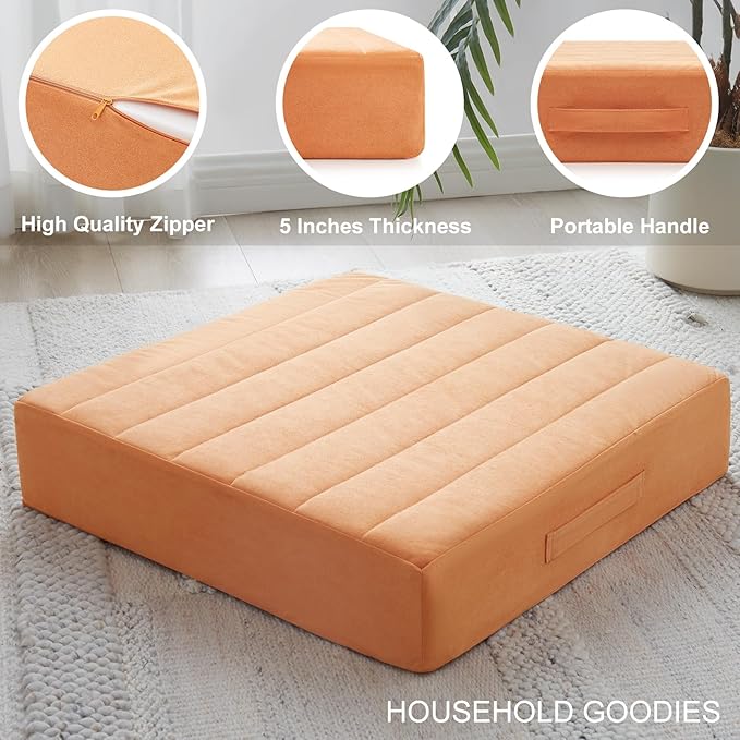 22 inches Floor Pillow for Adults - Large Meditation Cushion with Thick Foam & Soft Tufted Cover - Premium Outdoor Square Floor Cushion Seat - Yoga Pillows for Sitting On Floor - Orange