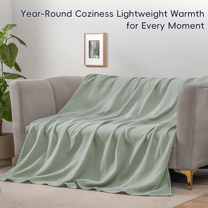 PHF 100% Cotton Muslin Blanket Queen Size 90"x90", 4-Layer Lightweight Gauze Throw, Breathable Cloud-Soft Minimalist Blanket for Bed, Couch, Camping & Baby, Sage Green, Ideal Gift