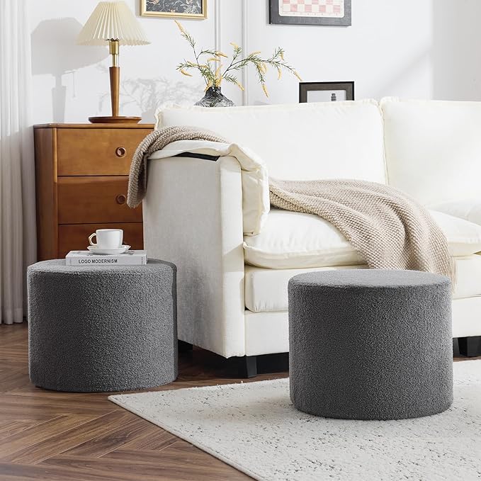 Bezseller Soft Boucle Pouf Ottoman, Comfortable Foot Rest, Full Foam Filling Footstool for Living Room, Bedroom, Lightweight Comfort and Charm Floor Poof Seating Perfect to Rest Your Feet, Grey
