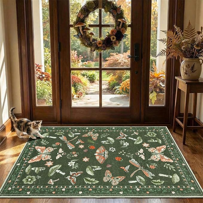Mushroom Whimsical Cottage Core Small Rug 2x3 Washable Door Mat Indoor Rugs for Entryway Non-Slip Soft Insect Bug Butterfly Funky Decor for Bedroom Kitchen Olive Green