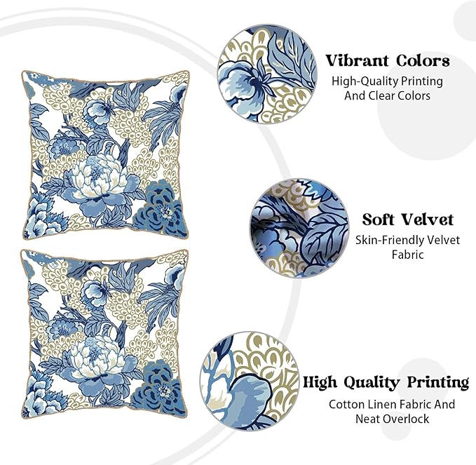 KSLIDS Vintage Floral Soft Velvet Throw Pillow Covers Set of 2 Blue Beige Floral Decorative Pillow Covers 18x18 Inch Chinoiserie Retro Pillow Case for Sofa Couch Bedroom Farmhouse Home Decor
