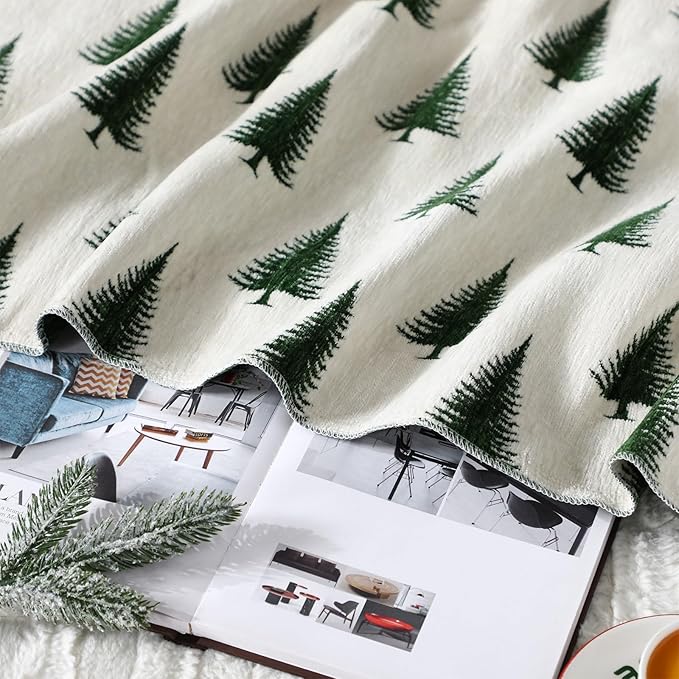 Floral Chenille Throw Blanket 50 x 60'' Farmhouse Vintage Boho Flower Blanket Soft Throw for Couch Bed Sofa Chair Living Room Outdoor Woven Decorative Home Gift(Brown)(Christmas Tree,Green)