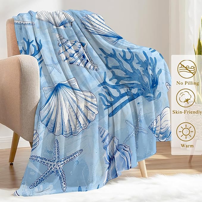 Nautical Seashells and Coral Fleece Blanket - Lightweight Soft Cozy Gifts Throw for Marine Life Lovers, Kids,Women,Starfish Blankets,Home Room Modern Ocean-Inspired Decor 40x50in