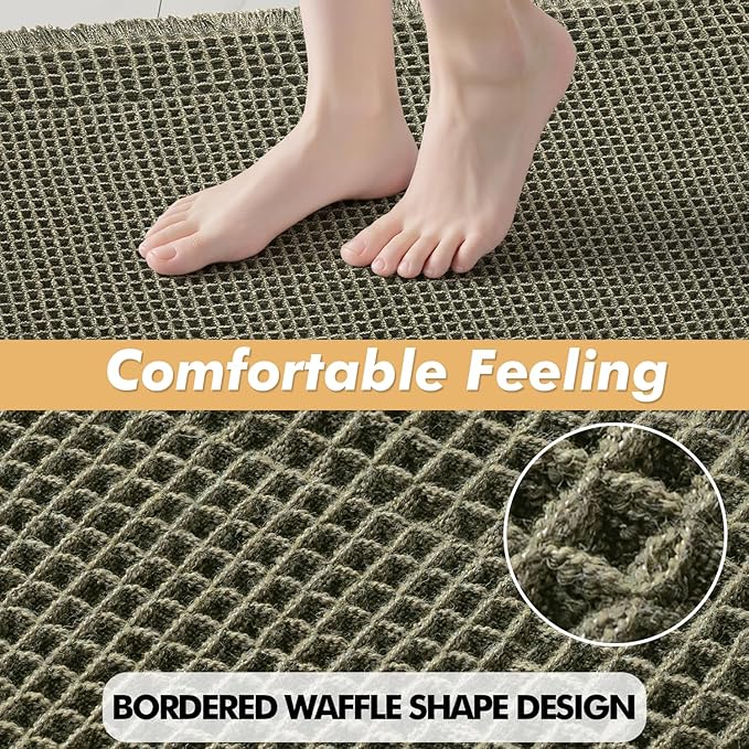 MIULEE Set of 2 Waffle Bathroom Rugs, Boho Bath Rug Super Absorbent, Non Slip Washable Ultra Soft Rubber Backed Shower Bath Mats for Floor, Tub, Shower, Bordered Design, Green, 18x30 Inch