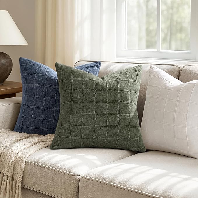 Woaboy Linen Check Throw Pillow Covers Set of 2 - Light Olive Green Farmhouse Modern Boho Vintage Decorative Cushion Covers Spring Home Decorfor Sofa Couch Bedroom Living Room 20x20 Inch