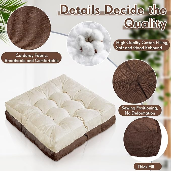 Jerify Floor Pillow Cushions Large Round Square Large Meditation Floor Pillow for Classroom Adult Meditation Picnic Party Seating Learning Daycare School(Square,Brown,4 Pcs)