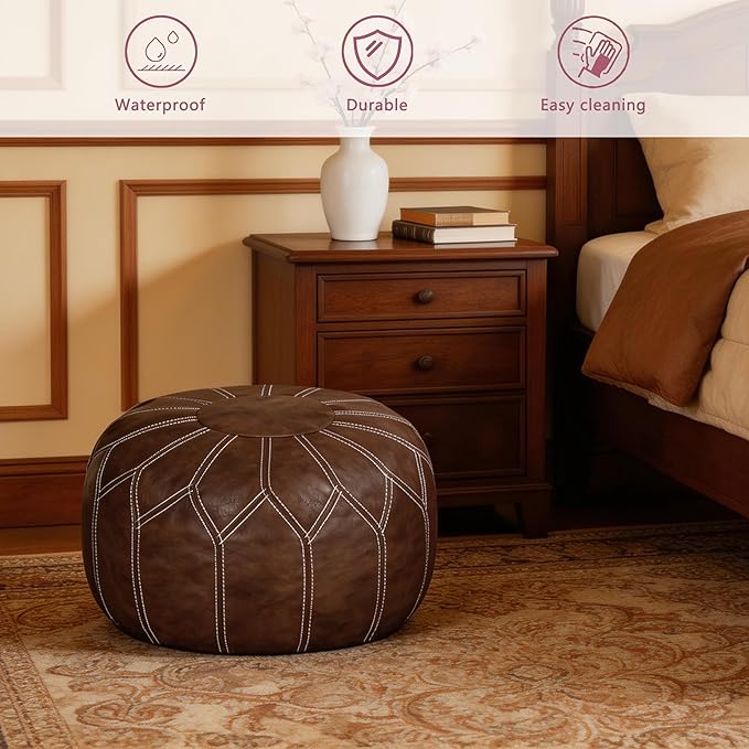 Thgonwid Unstuffed Moroccan Faux Leather Pouf Ottoman with Storage - Handmade Boho Chic Multi-Use Footrest for Living Room, Bedroom, Patio - Round Ethnic Floor Cushion & Decorative Accent, Deep Coffee