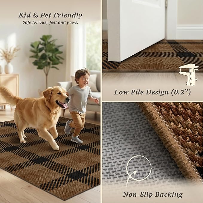 Brown and Black 4x6 Easy Jute Rug for Large Entryway - Neutral Dark Rug with Rubber Backing for Living Room, Checkered Decor for Entrance, Kitchen, Earthy & Coffee Rustic Accent