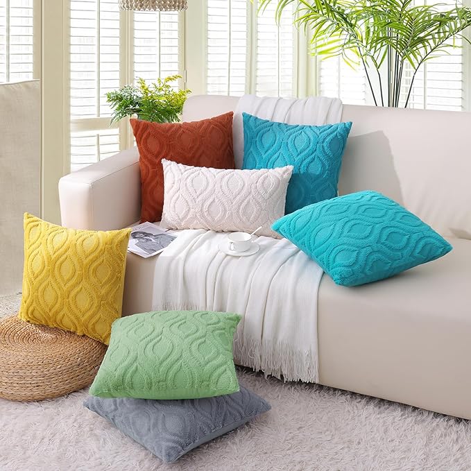 decorUhome Cozy Textured Throw Pillow Covers 12x20 Inch Set of 2, Soft Plush Faux Wool Blue Grey Accent Couch Pillow Covers for Modern Farmhouse Sofa Bed Living Room