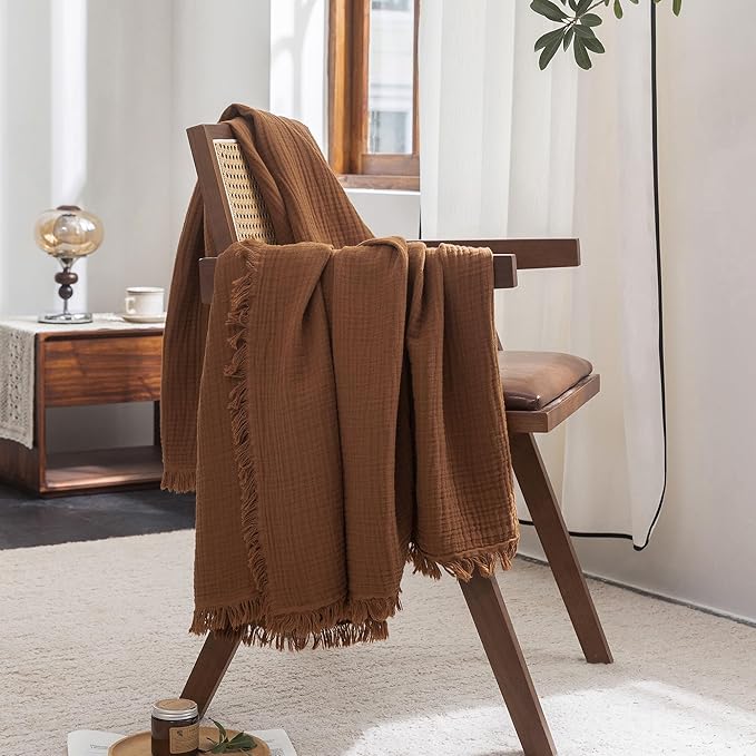 FOSSA Muslin Blanket with Fringe - 4-Layer 100% Cotton Gauze Super Soft & Breathable Throw -Lightweight Decorative Cooling Blanket for Bed, Sofa, Office -Oversize Queen Size 98" × 98" (Dark Orange)