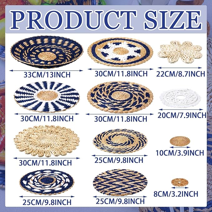 Xuhal 15 Pcs Boho Wall Basket Decor Handcrafted Seagrass Woven Wall Basket Rustic Round Woven Hanging Art for Home Farmhouse Kitchen Table Living Room(Blue Classic Style)