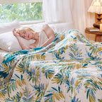 MSGKV Boho Throw Blanket for Bed Cotton 60"x80" Leaves Blanket Twin Size Couch All Seasons Muslin Spring Breathable Lightweight Farmhouse Blankets