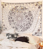Neasow Bohemian Tapestry Wall Hanging, Beige White Floral Tapestry with Dotted Daisy Medallion Print Bedroom Boho Hippie Home Decor, 60x80 inches