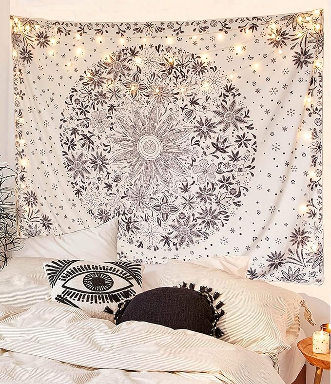 Neasow Bohemian Tapestry Wall Hanging, Beige White Floral Tapestry with Dotted Daisy Medallion Print Bedroom Boho Hippie Home Decor, 60x80 inches