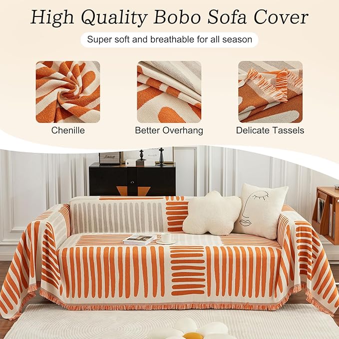 ROOMLIFE Chenille Couch Cover Minimalist Anti-cat Scratch Soft Chenille Sofa Towel Blanket Four Season Use Dust-Proof Sofa Towel Blanket,Pet Furniture Protector, Orange 71"x150"