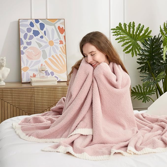 Snuggle Sac Pink Bedding Blankets Queen Size 90x90 inches, Reversible Microfiber Fluffy Fuzzy Soft Throw Cozy Knit Blanket for Women Mothers Birthday Gifts