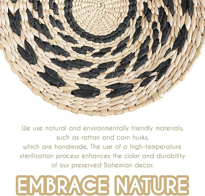 7PCS Boho Wall Baskets Set, Boho Wall Decor, Round Handmade Seagrass Rattan Wicker Wall Art Room Decor Hanging Wall Basket Decor for Farmhouse Living Room Bedroom Display Table Kitchen Home (Black)