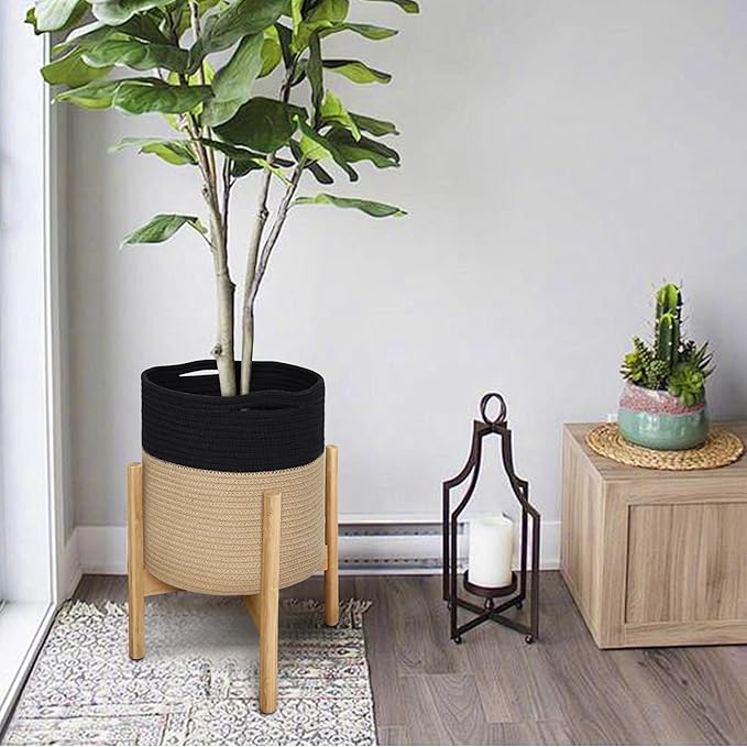 Wicker Plant Basket Indoor, 11" x 11" Jute Spliced Cotton Rope Basket Planter for 10" Pot, Woven Flower Tree Pots Cover, Small Floor Indoor Planters, Modern Bins for Plants and Home Decor