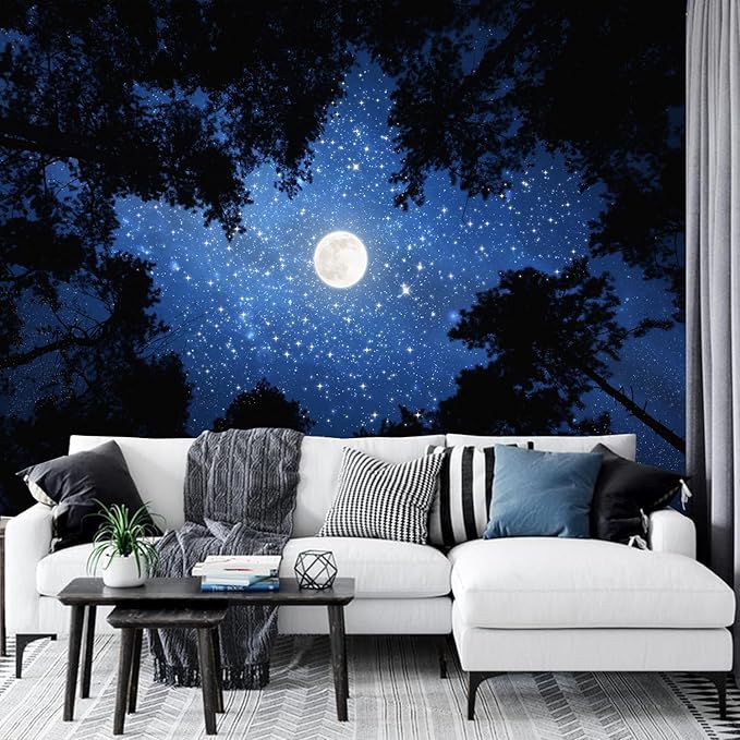 TUGCAY Forest Galaxy Starry Tapestry Blue Space Night Sky Stars Moon Ceiling Tapestry Nature Trees Tapestries Aesthetic Wall Hanging for Bedroom Dorm Living Room Office Decor 90x70 Inch