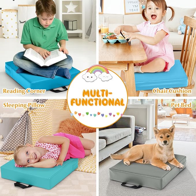 HONEY JOY 6PCS Floor Cushions for Kids, 15 Inch Flexible Alternative Portable Classroom Seating w/Handles, Easy to Clean, 3 Inch Thick Soft Foam Square Comfy Seats for Daycare Preschool(Square, Blue)