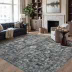 6x9 Area Rugs for Living Room Bedroom, Large Washable Rug, Blue Vintage Floral Boho Style, Non Slip & Low Pile Carpet for Indoor Dining Room, Dorm and Kids Room(Blue 6x9ft)