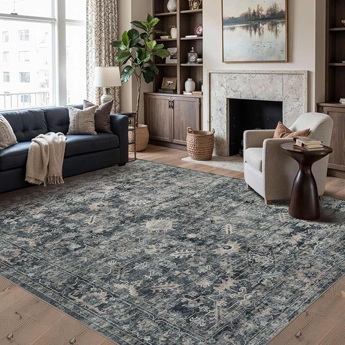 6x9 Area Rugs for Living Room Bedroom, Large Washable Rug, Blue Vintage Floral Boho Style, Non Slip & Low Pile Carpet for Indoor Dining Room, Dorm and Kids Room(Blue 6x9ft)
