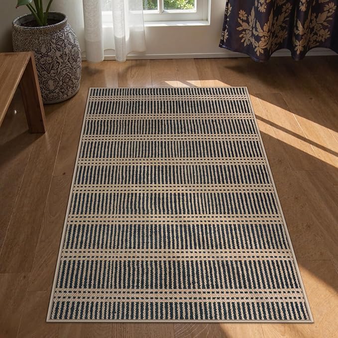 LIVEBOX Easy Jute Indoor Outdoor Rug 3x5 Front Porch, Black Striped Washable Outdoor Rugs for Entryway Living Room, Non Slip Rug Geometric Carpet Door Mat for Entry Front Door, Patio, Kitchen, Bedroom