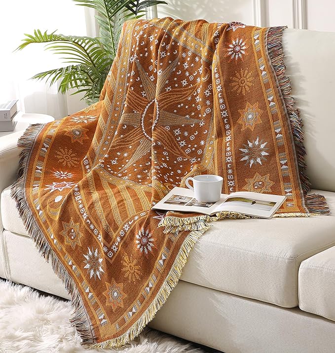 Boho Throw Blanket for Couch Sofa Bed, Decorative Throw Blanket with Tassels, 50"x60" Bohemian Woven Cover for Home Living Room Bedroom Indoor Outdoor Picnic