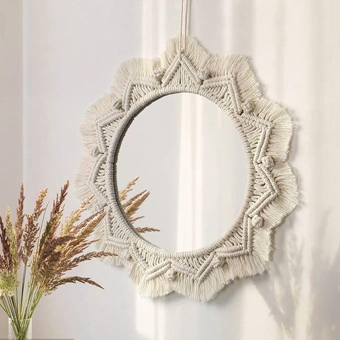 Dremisland Macrame Wall Mirror-15 Inch Round Mirror with Macrame Fringe, Boho Decorative Hanging Mirror Wall Decor Art Ornament for Apartment Home Bedroom Living Room Baby Nursery (Beige)