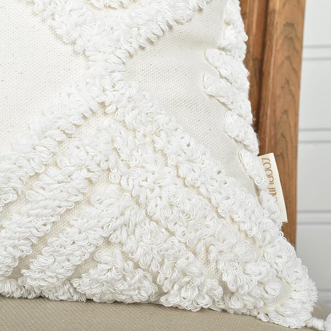 Boho Sofa Throw Pillow Covers – Exquisitely Crafted with Hand-Finished Tuft with Thick Cotton Tassel Details – Soft & Stylish Moroccan Decorative, 18x18inch (Spring Ruched)