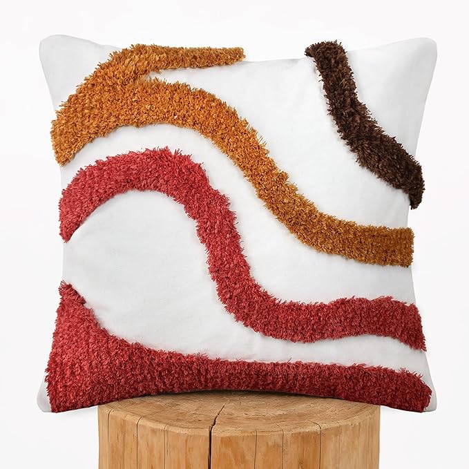 Boho Throw Pillow Covers 18x18 Inch Set of 1, Tufted Abstract Decorative Pillow Cover Mid Century Modern Pillow Cases Bohemian Cushion for Couch Sofa Bed Living Room Home Decor, Orange-red