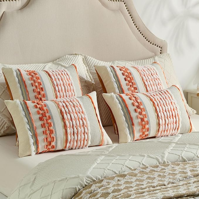 FUTEI Orange Accent Throw Pillow Covers Set of 2, 12x20 Inch Plush Tufted Striped Textured Decorative Pillow Cases for Farmhouse Boho Couch Decor