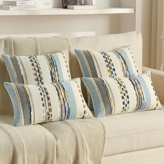 FUTEI Navy Brown Decorative Throw Pillow Covers 12x20 Inch Set of 2, Soft Tufted Striped Textured Accent Pillow Case,Boho Pillows for Couch Decor