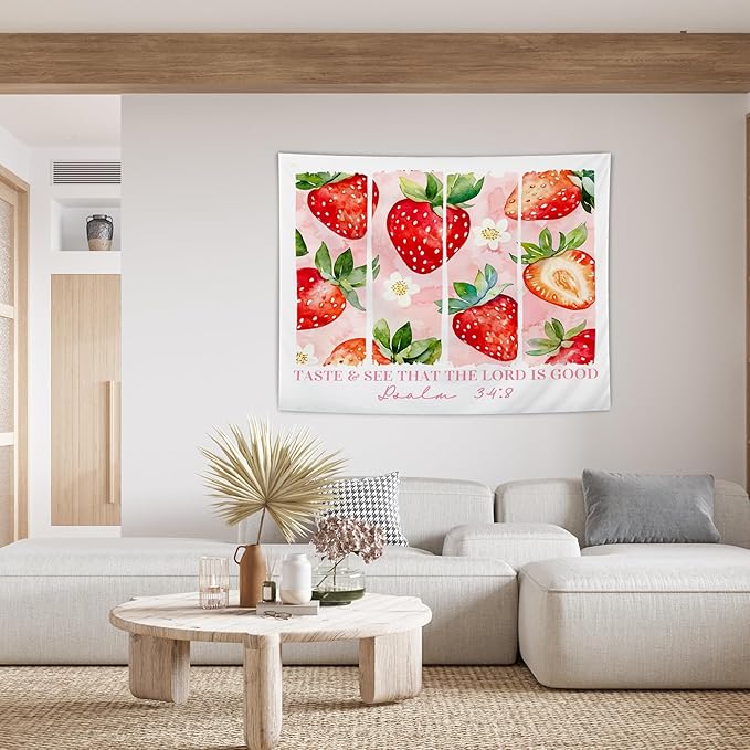 AQYIP Strawberry Christian Tapestry, Psalm 34:8 Bible Verse Tapestry Decorative, Pink Cute Floral Strawberry Religious Wall Tapestries Blanket Decor for Home Girls Room Dorm, 50x60 Inch