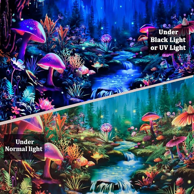 Heopapin Blacklight Tapestry UV Reactive Mushroom Flower Tapestries Fantasy Moonlight Mountain Forest Landscape Tapestry Mysterious Jungle Neon Plants Wall Hanging for Room L59×W51