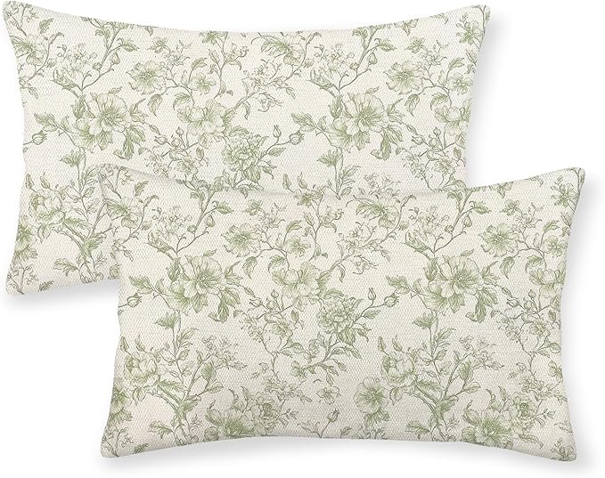 Sage Green Pillow Covers 12x20 Set of 2 Light Green Floral Chinoiserie Throw Pillows Rustic Toile Flower Decorative Pillow Cases Outdoor Chinoiserie Decor Lumbar Cushion Case for Couch Sofa