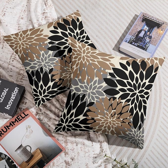 Black Light Brown Pillow Covers 16X16 Inch Set of 2, Spring Summer Floral Dahlia Flower Cream Decorative Throw Pillow Covers Outdoor Modern Farmhouse Cushion Case for Home Couch Sofa Bed Decor