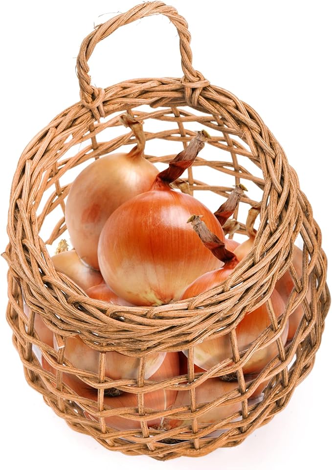Elsjoy Set of 2 Hanging Onion Basket, Wall Mount Small Wicker Baskets for Food Storage, Woven Rattan Basket for Kitchen, Pantry, Home Decor